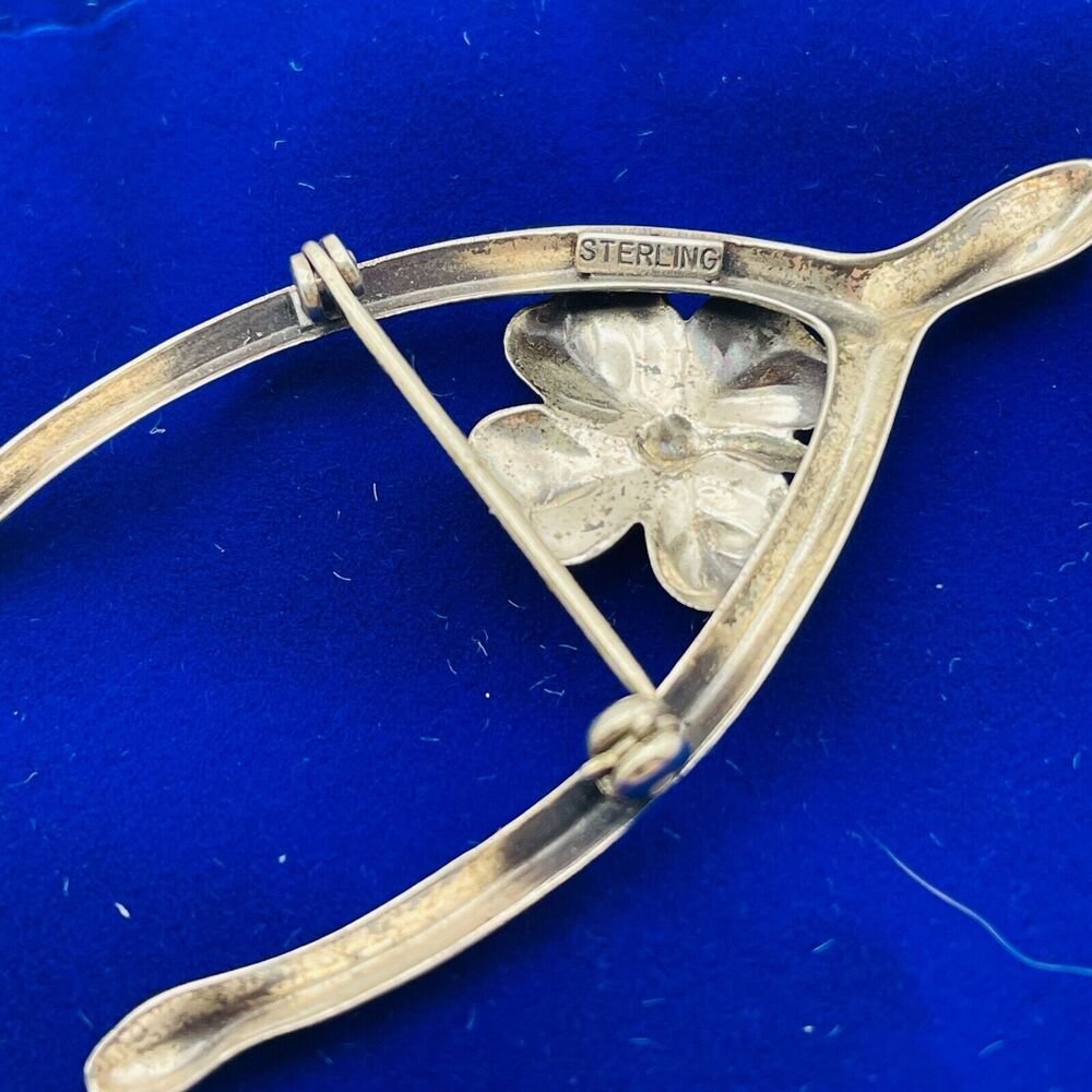 Vintage Sterling Silver Wishbone Brooch 4 Leaf Clover Repousse Pin Good Luck - Picture 6 of 8